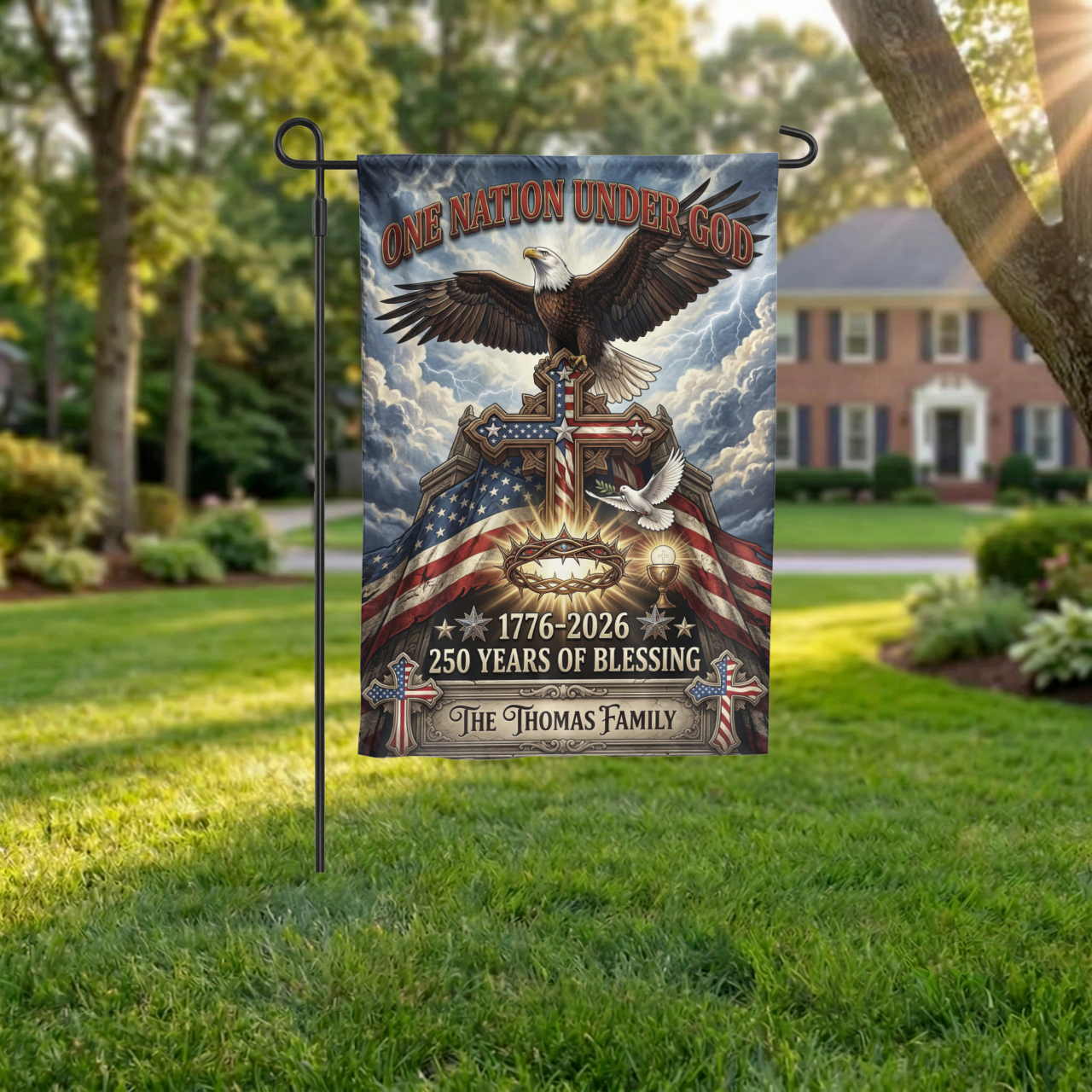 Personalized Patriotic Christian Garden Flag, One Nation Under God Eagle Cross, 250th Anniversary 1776-2026 - Garden Flag - lifestyle shot