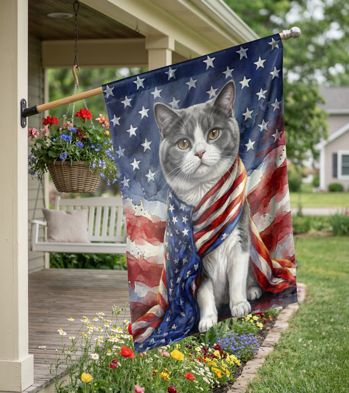 Personalized Pet Garden Flag, Custom American Flag Dog Portrait, Watercolor Patriotic House Flag, 4th of July Decorl - Garden Flag - detail view