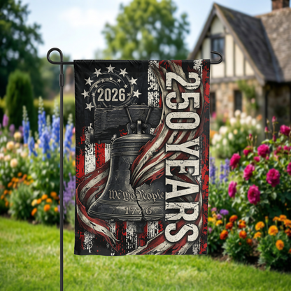 USA 250th Anniversary Garden Flag, 2026 Patriotic Yard Decor, Rustic Liberty Bell 1776 Design, America 250 Outdoor Sign, Digital or Print - Garden Flag - alternate angle