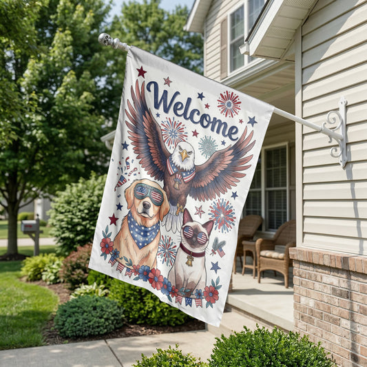 Patriotic Garden Flag, 4th of July House Flag, Welcome Eagle Dog Cat Outdoor Decor, Double-Sided Americana Yard Sign, Made in USA - 12"x18" - Garden Flag