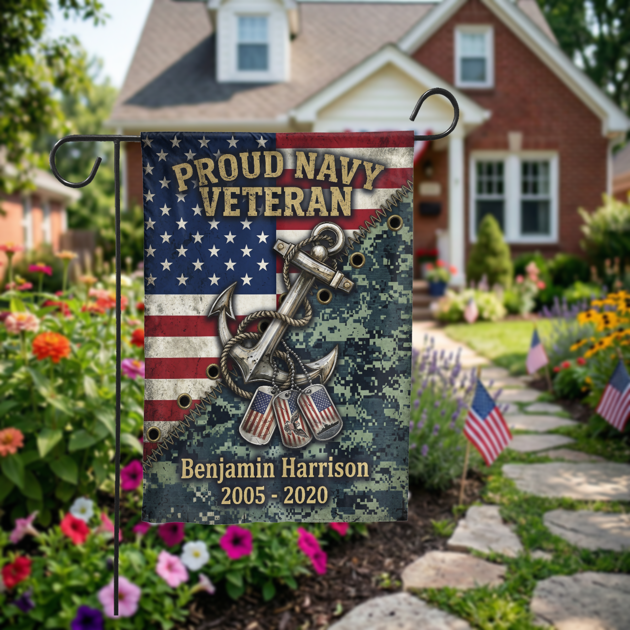 Personalized Navy Veteran Garden Flag, Custom Name & Service Years, American Flag Anchor Dog Tags Design, Military Gift for Him, Outdoor Dec - Garden Flag - front view