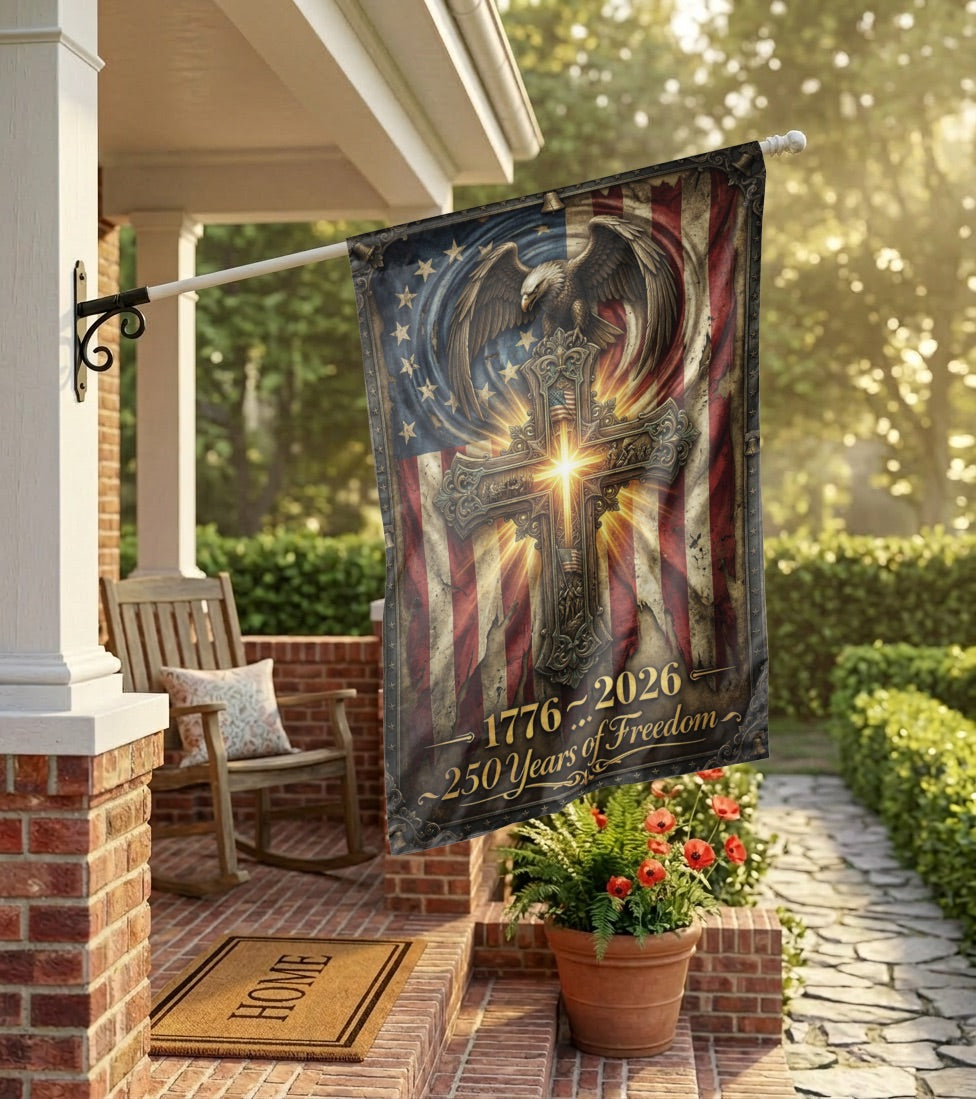 250 Years of Freedom Garden Flag, 1776-2026 Patriotic Cross & Eagle, Rustic American Flag Decor, Physical or - Garden Flag - alternate angle