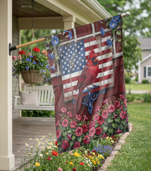 Rustic Cardinal American Flag Garden Flag, Patriotic House Flag, Red Bird Floral Outdoor Decor, Summer Yard Art, Digital or Physical Option - 12"x18" - Garden Flag