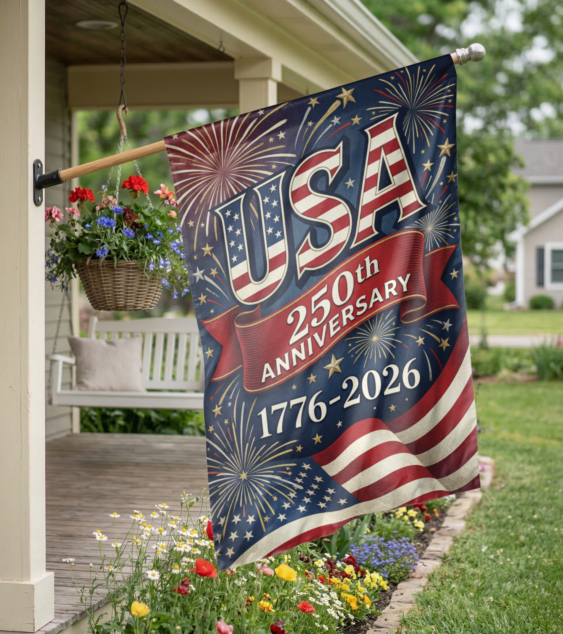 USA 250th Anniversary Garden Flag, 1776-2026 Patriotic Outdoor Decor, American Semiquincentennial Yard Banner, Fireworks & Flag Design - Garden Flag - close-up