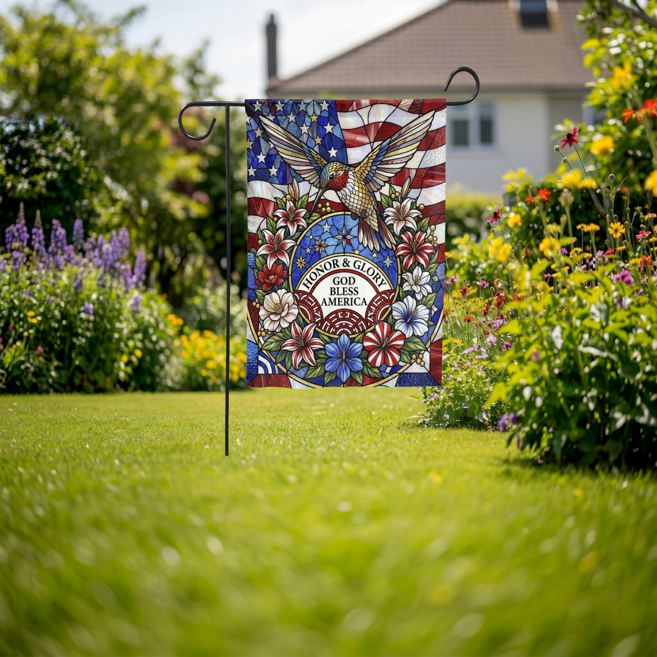 Stained Glass Patriotic Garden Flag, Hummingbird God Bless America House Flag, 4th of July Outdoor Decor, Memorial Day Gift, Digital Option - Garden Flag - alternate angle