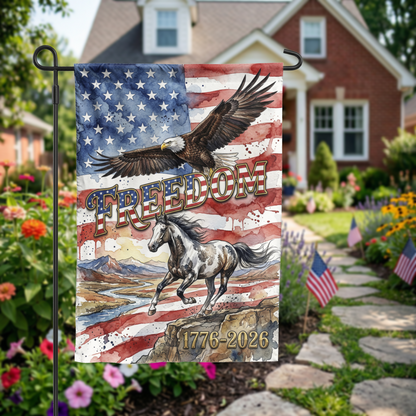 Patriotic Garden Flag, Freedom Eagle & Horse, 1776-2026 American Semiquincentennial Decor, Watercolor Yard Art, Physical or Digital File - Garden Flag - front view