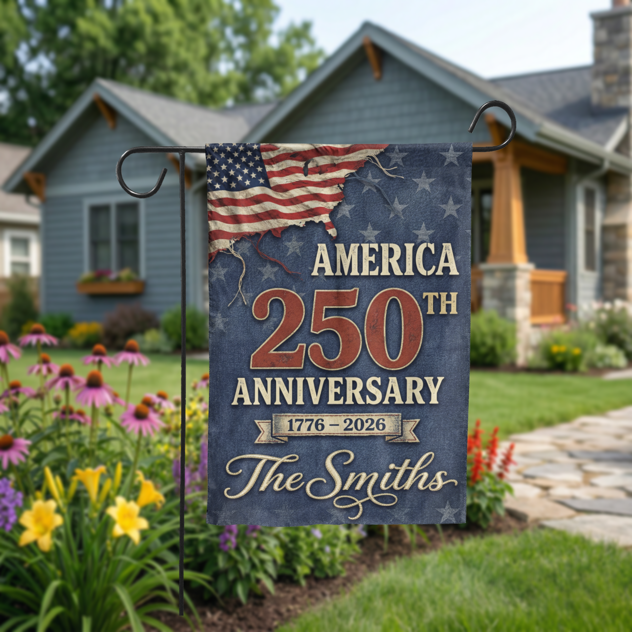 Personalized America 250th Anniversary Garden Flag, 1776-2026 Patriotic Decor, Vintage USA Semiquincentennial Yard Sign, Custom Family Name - Garden Flag - detail view