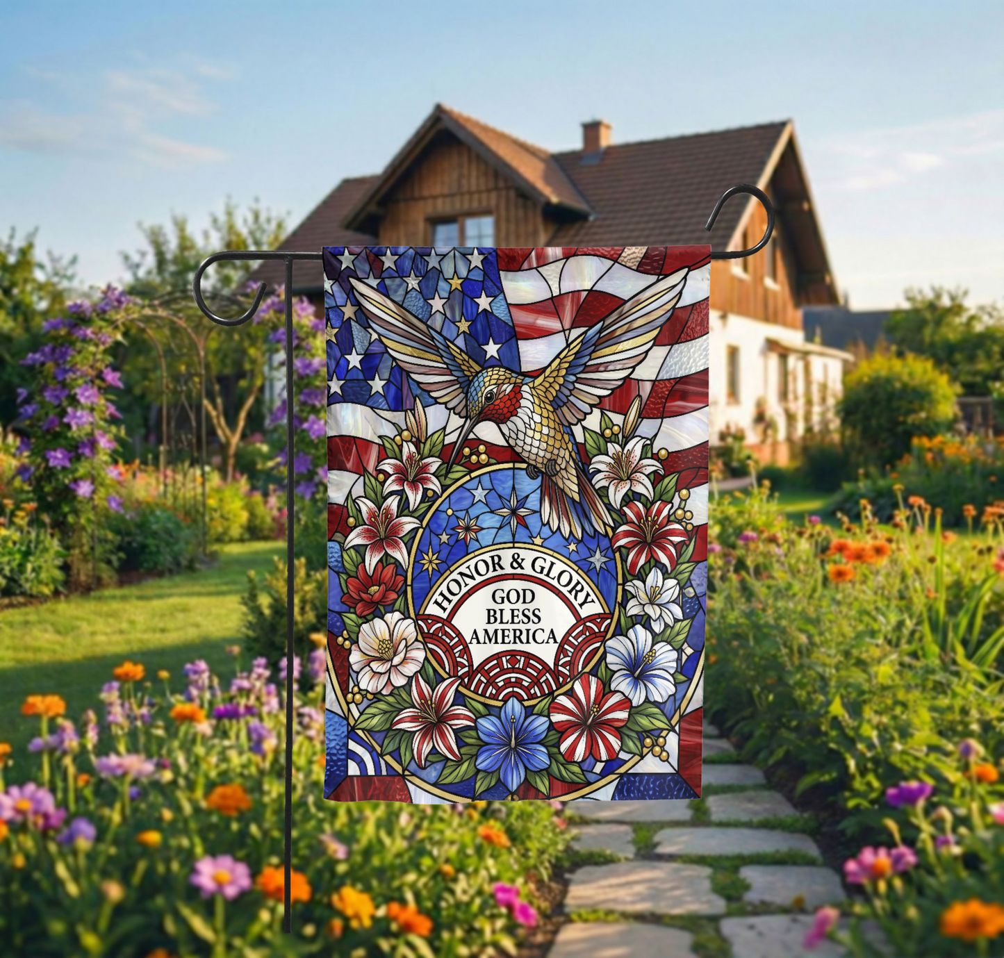 Stained Glass Patriotic Garden Flag, Hummingbird God Bless America House Flag, 4th of July Outdoor Decor, Memorial Day Gift, Digital Option - Garden Flag - lifestyle shot