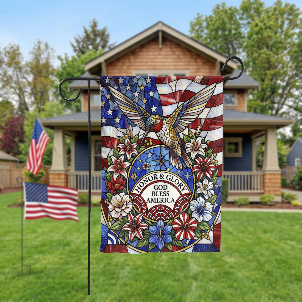 Stained Glass Patriotic Garden Flag, Hummingbird God Bless America House Flag, 4th of July Outdoor Decor, Memorial Day Gift, Digital Option - Garden Flag - packaging
