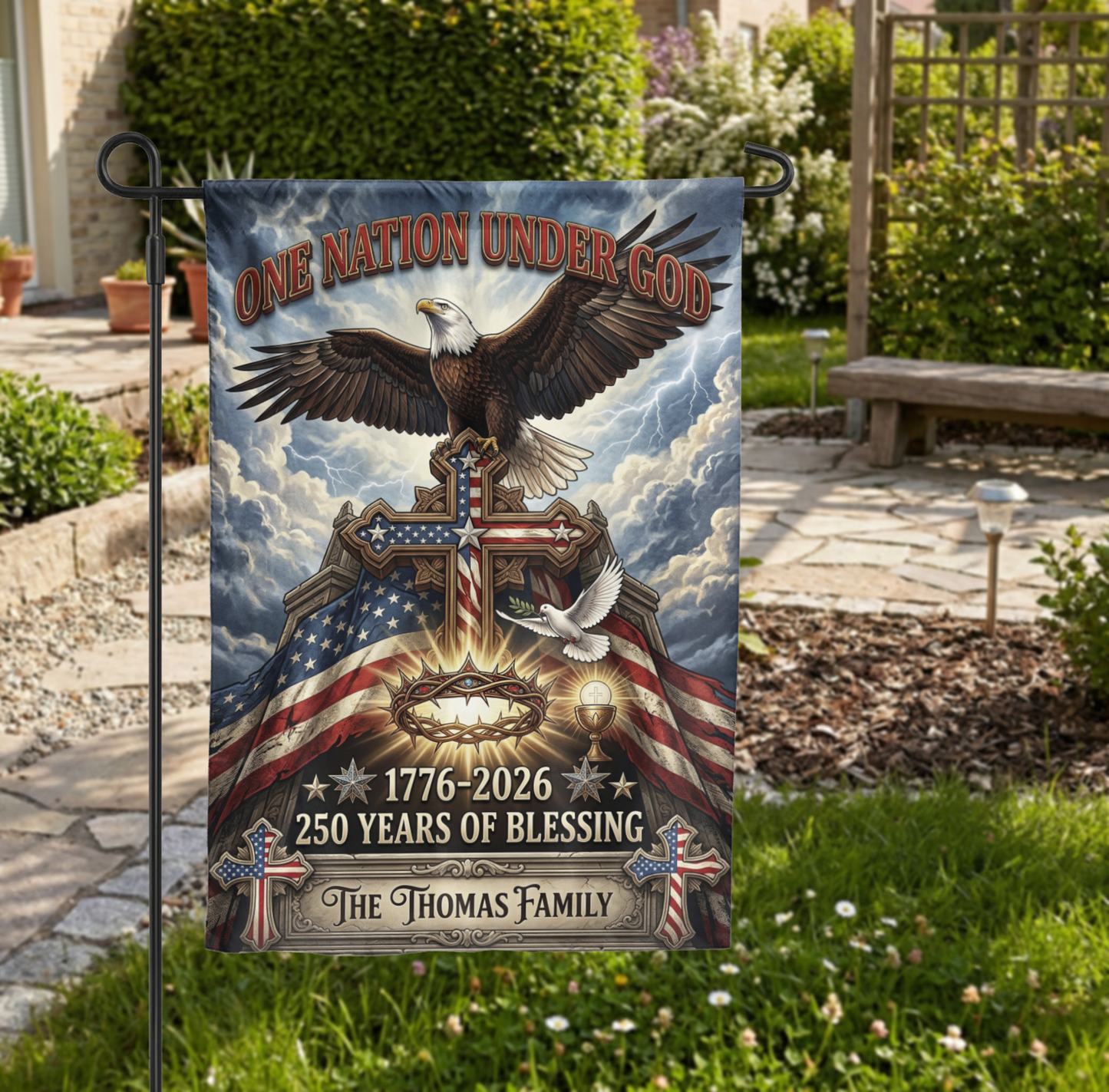 Personalized Patriotic Christian Garden Flag, One Nation Under God Eagle Cross, 250th Anniversary 1776-2026 - Garden Flag - close-up