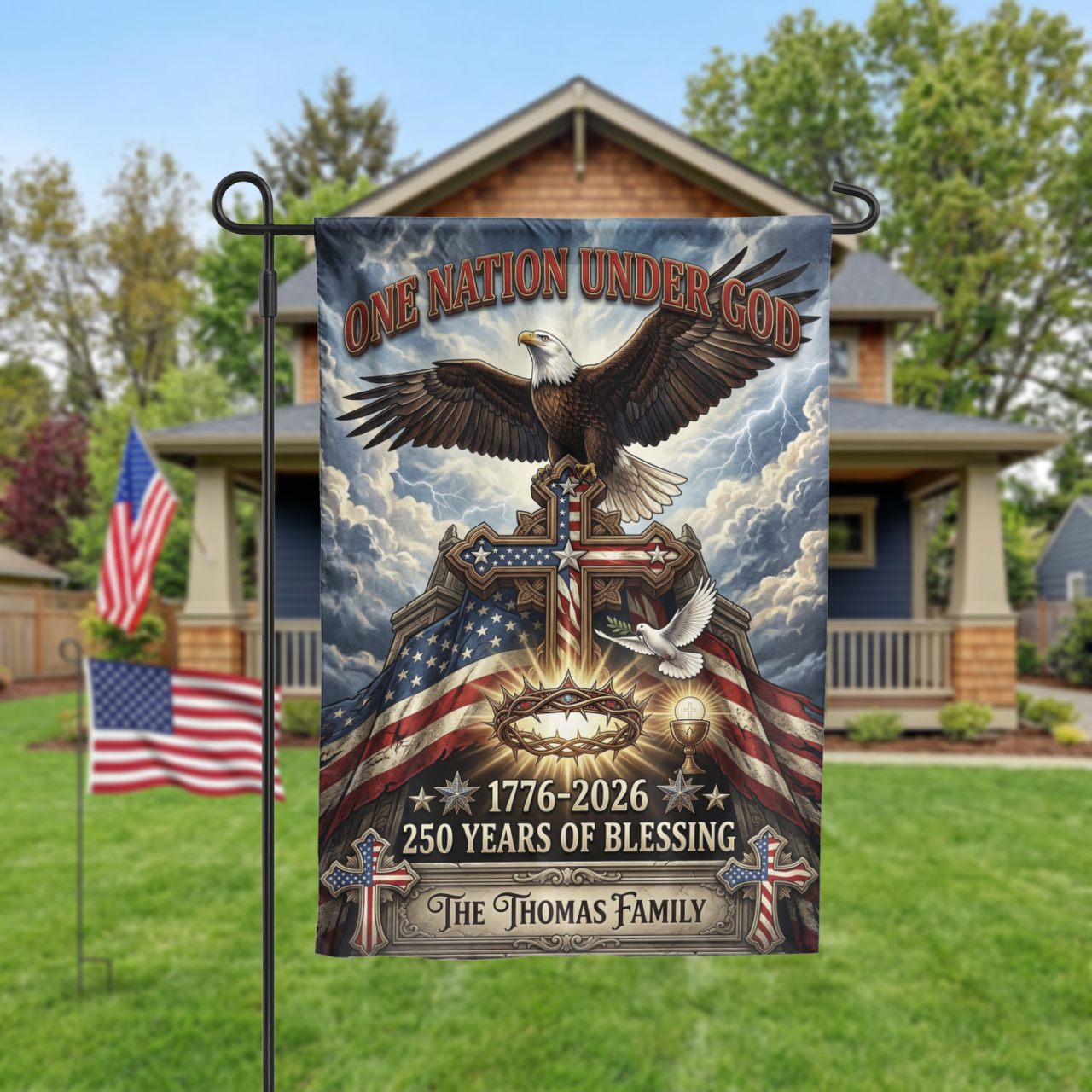 Personalized Patriotic Christian Garden Flag, One Nation Under God Eagle Cross, 250th Anniversary 1776-2026 - Garden Flag - close-up