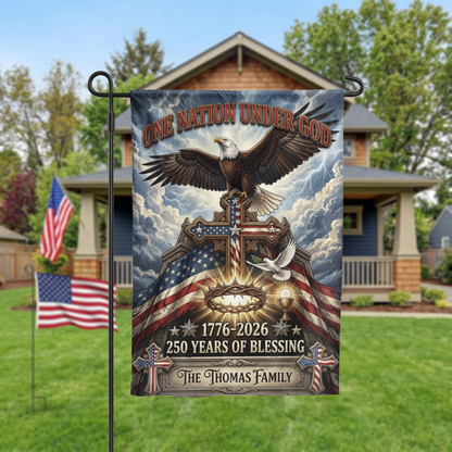 Personalized Patriotic Christian Garden Flag, One Nation Under God Eagle Cross, 250th Anniversary 1776-2026 - Garden Flag - close-up
