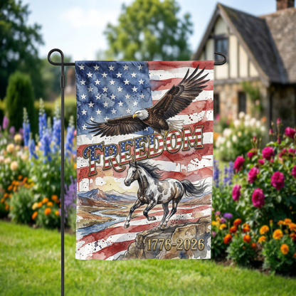 Patriotic Garden Flag, Freedom Eagle & Horse, 1776-2026 American Semiquincentennial Decor, Watercolor Yard Art, Physical or Digital File - Garden Flag - alternate angle