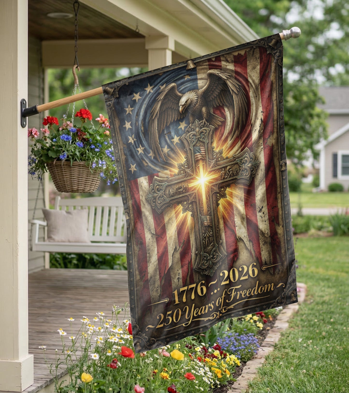 250 Years of Freedom Garden Flag, 1776-2026 Patriotic Cross & Eagle, Rustic American Flag Decor, Physical or - Garden Flag - close-up