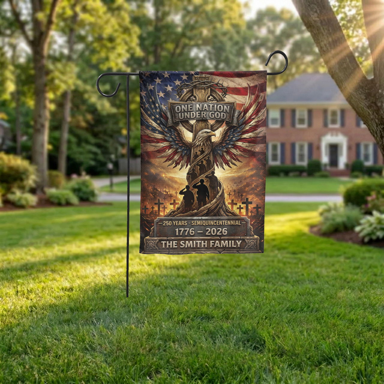 Personalized Patriotic Garden Flag, One Nation Under God, USA 250th Anniversary 1776-2026, Semiquincentennial Yard Decor - Garden Flag - lifestyle shot