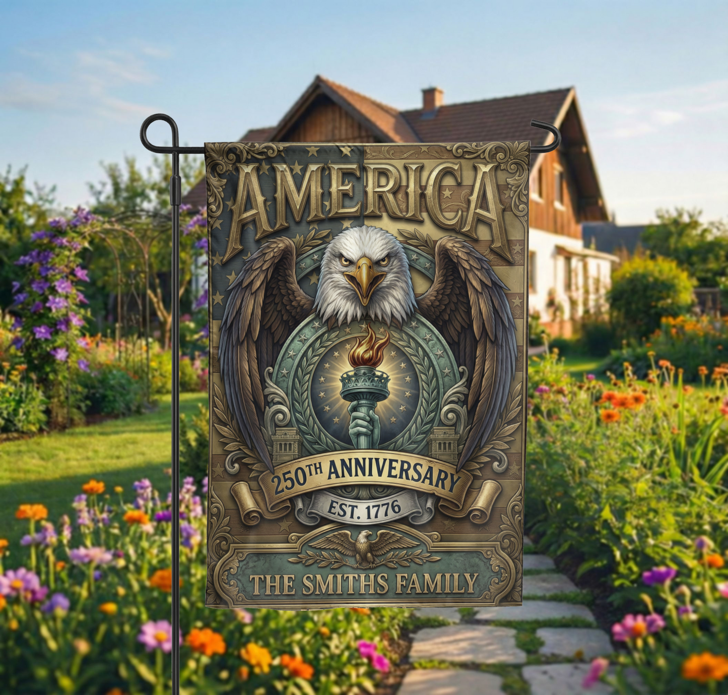 Patriotic Garden Flag Personalized, America 250th Anniversary 1776, Vintage Eagle Torch Design, Custom Family Name Yard Decor, USA Gift - 12"x18" - Garden Flag
