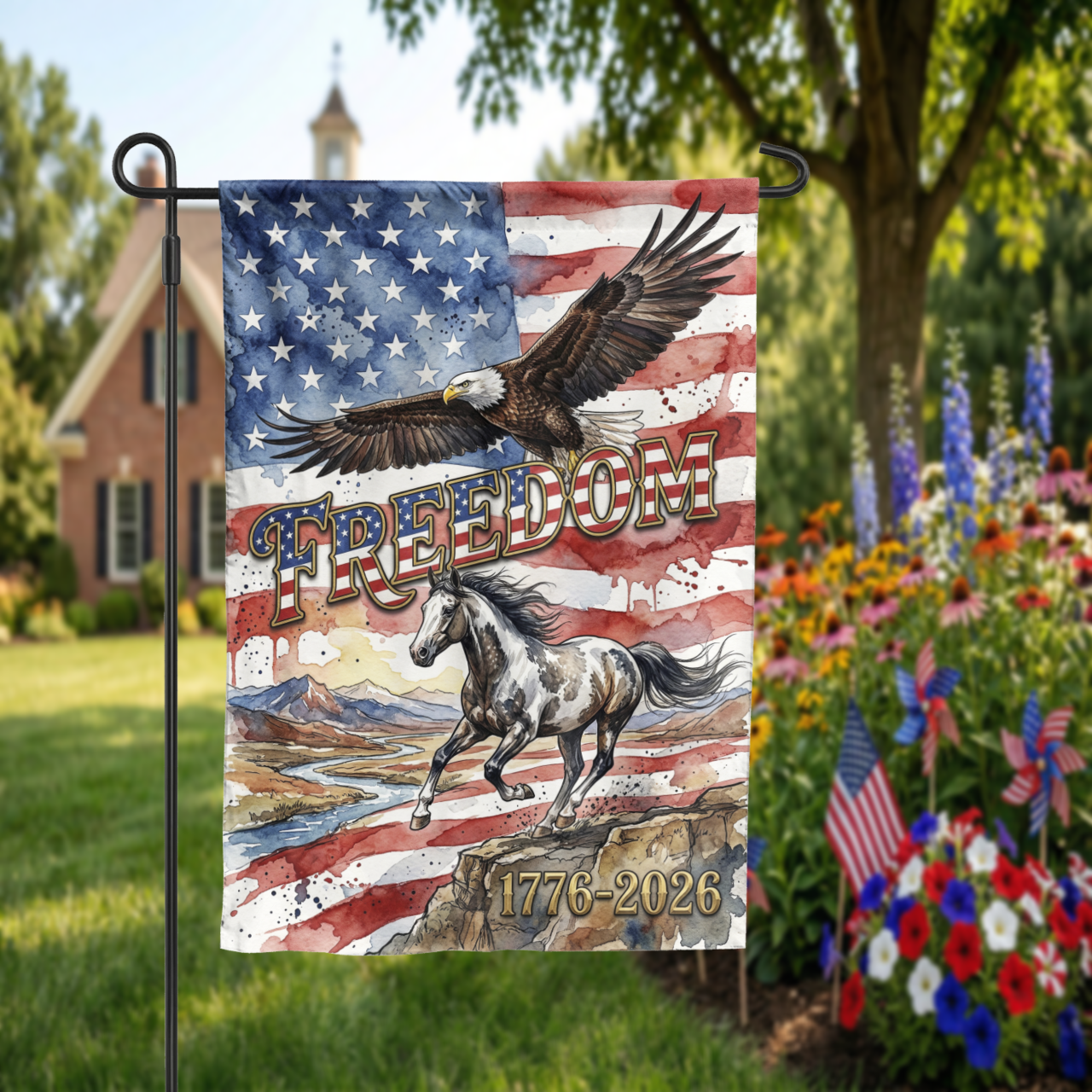 Patriotic Garden Flag, Freedom Eagle & Horse, 1776-2026 American Semiquincentennial Decor, Watercolor Yard Art, Physical or Digital File - Garden Flag - packaging
