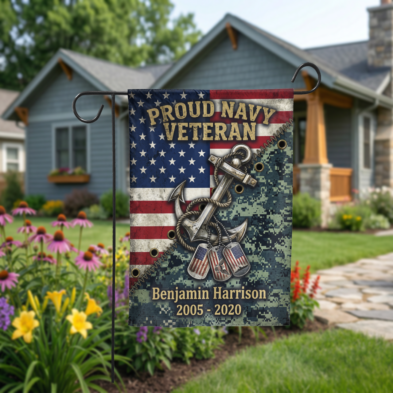 Personalized Navy Veteran Garden Flag, Custom Name & Service Years, American Flag Anchor Dog Tags Design, Military Gift for Him, Outdoor Dec - Garden Flag - detail view