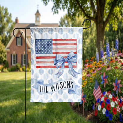Personalized Patriotic Garden Flag, Watercolor American Flag with Bow, Custom Family Name House Flag, 4th of July Decor, Digital or Print - Garden Flag - packaging