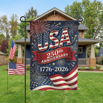 USA 250th Anniversary Garden Flag, 1776-2026 Patriotic Outdoor Decor, American Semiquincentennial Yard Banner, Fireworks & Flag Design - Garden Flag - lifestyle shot