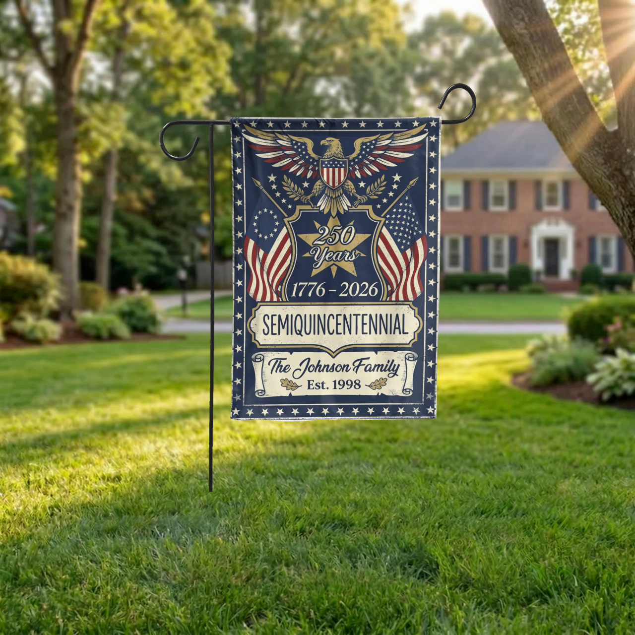250th Anniversary Garden Flag, USA Semiquincentennial 1776-2026 Decor, Vintage Patriotic Eagle Yard Sign, Custom Family Gift - Garden Flag - lifestyle shot