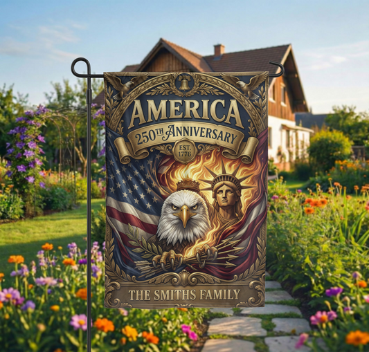 America 250th Anniversary Garden Flag, Vintage Patriotic Yard Decor, Eagle & Statue of Liberty, Physical or - 12"x18" - Garden Flag