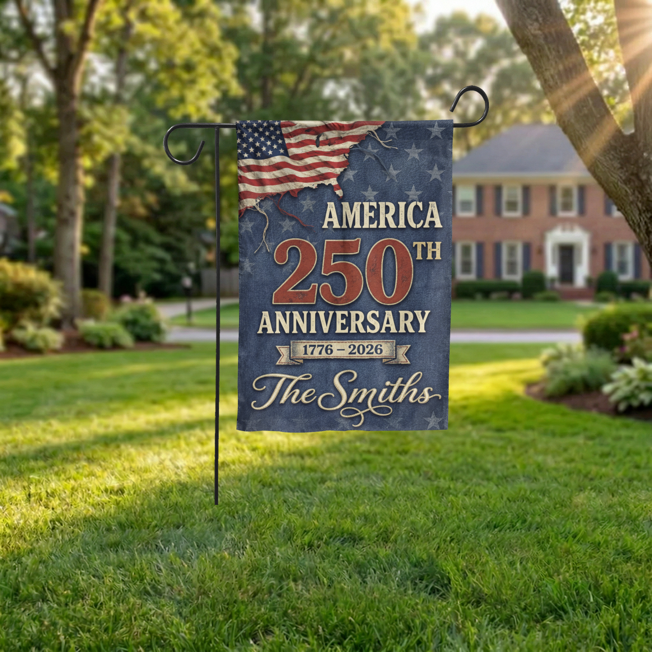 Personalized America 250th Anniversary Garden Flag, 1776-2026 Patriotic Decor, Vintage USA Semiquincentennial Yard Sign, Custom Family Name - Garden Flag - lifestyle shot