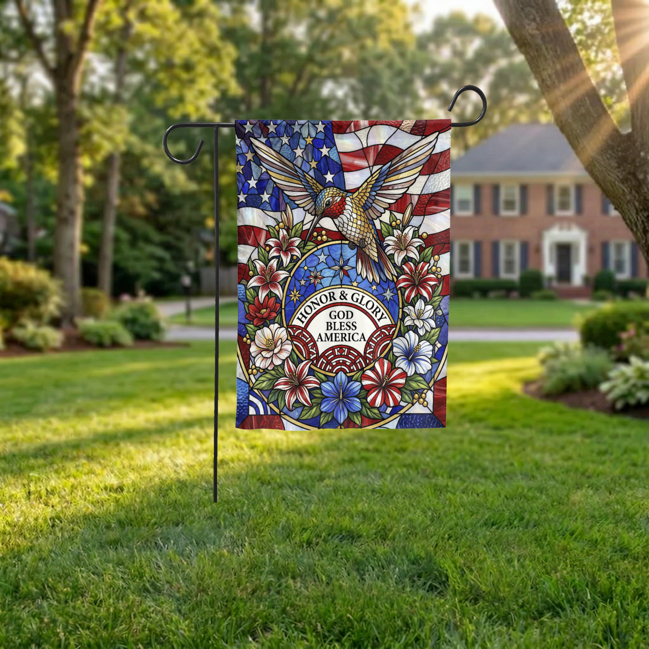 Stained Glass Patriotic Garden Flag, Hummingbird God Bless America House Flag, 4th of July Outdoor Decor, Memorial Day Gift, Digital Option - Garden Flag - alternate angle