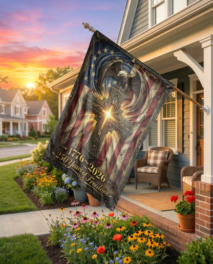 250 Years of Freedom Garden Flag, 1776-2026 Patriotic Cross & Eagle, Rustic American Flag Decor, Physical or - Garden Flag - lifestyle shot