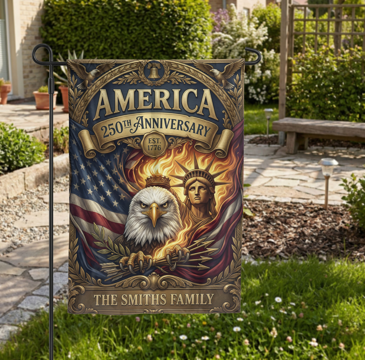 Personalized America 250th Anniversary Garden Flag, Vintage Patriotic Yard Decor, Eagle & Statue of Liberty, Physical or - Garden Flag - close-up