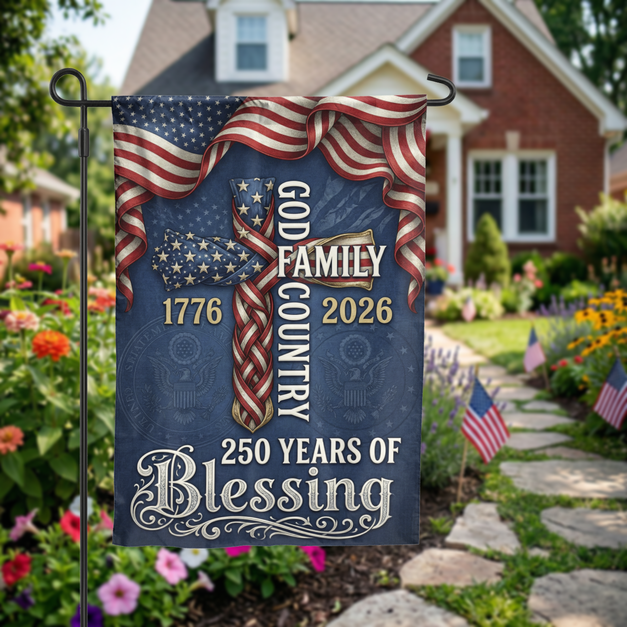 God Family Country Garden Flag, 1776-2026 USA 250th Anniversary, Patriotic Cross Yard Decor, Semiquincentennial Gift - Garden Flag - front view