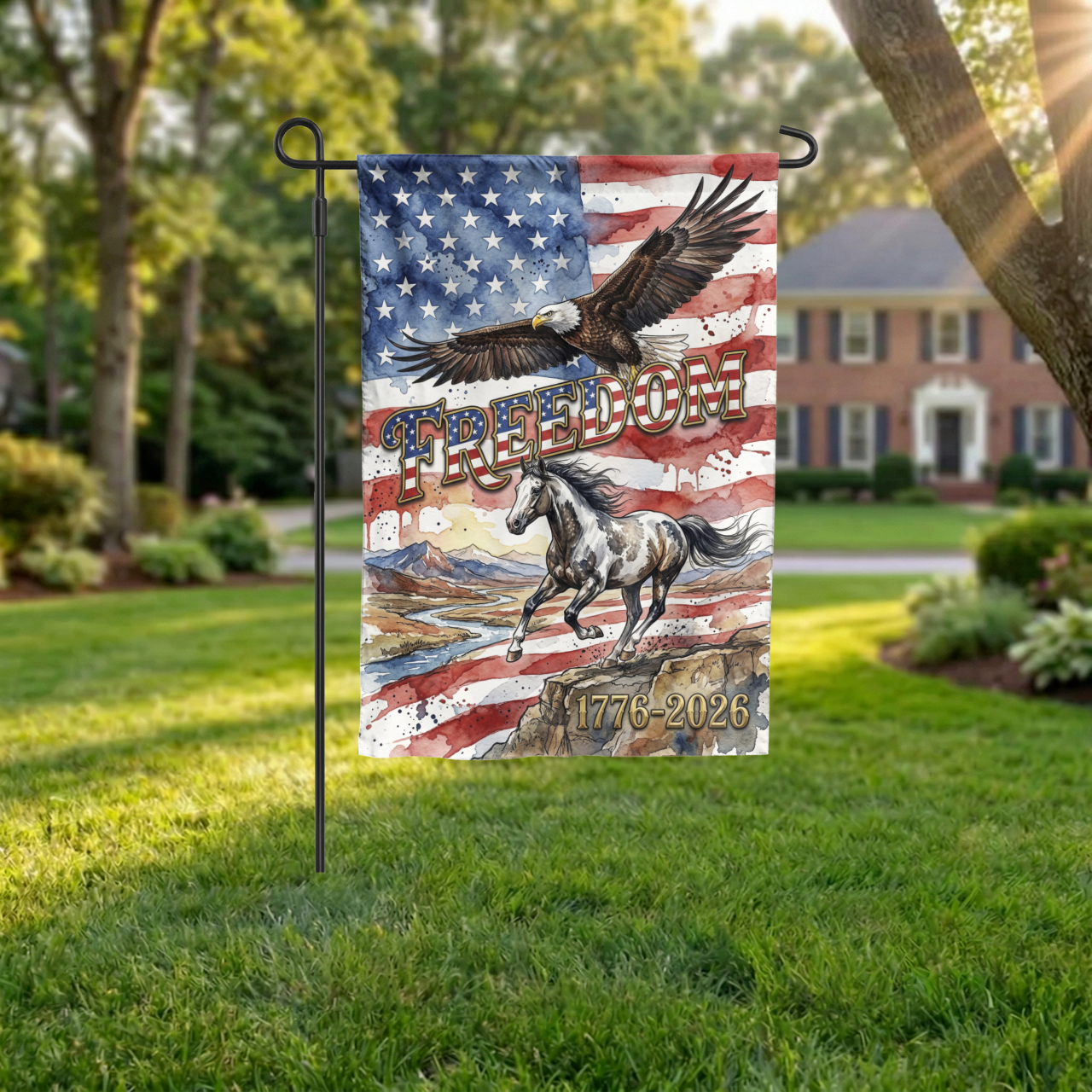Patriotic Garden Flag, Freedom Eagle & Horse, 1776-2026 American Semiquincentennial Decor, Watercolor Yard Art, Physical or Digital File - Garden Flag - lifestyle shot