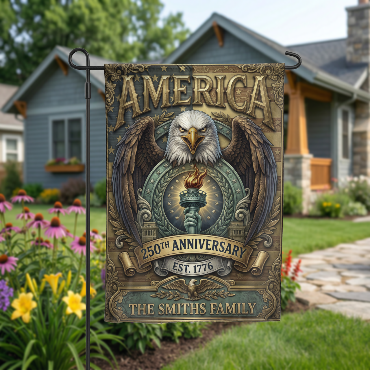 Patriotic Garden Flag Personalized, America 250th Anniversary 1776, Vintage Eagle Torch Design, Custom Family Name Yard Decor, USA Gift - Garden Flag - detail view