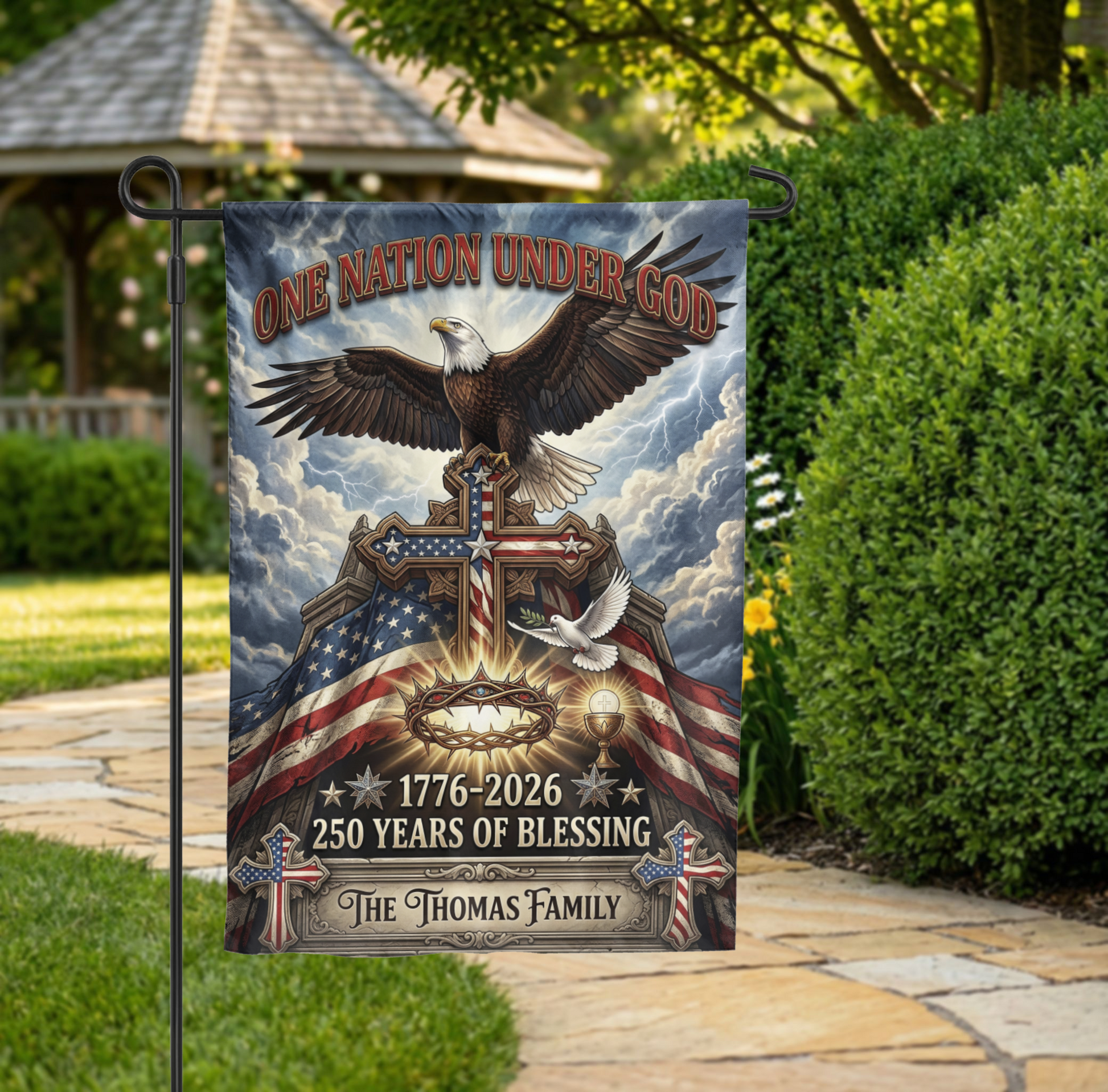 Personalized Patriotic Christian Garden Flag, One Nation Under God Eagle Cross, 250th Anniversary 1776-2026 - 28"x40" - Garden Flag