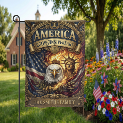 Personalized America 250th Anniversary Garden Flag, Vintage Patriotic Yard Decor, Eagle & Statue of Liberty, Physical or - Garden Flag - packaging