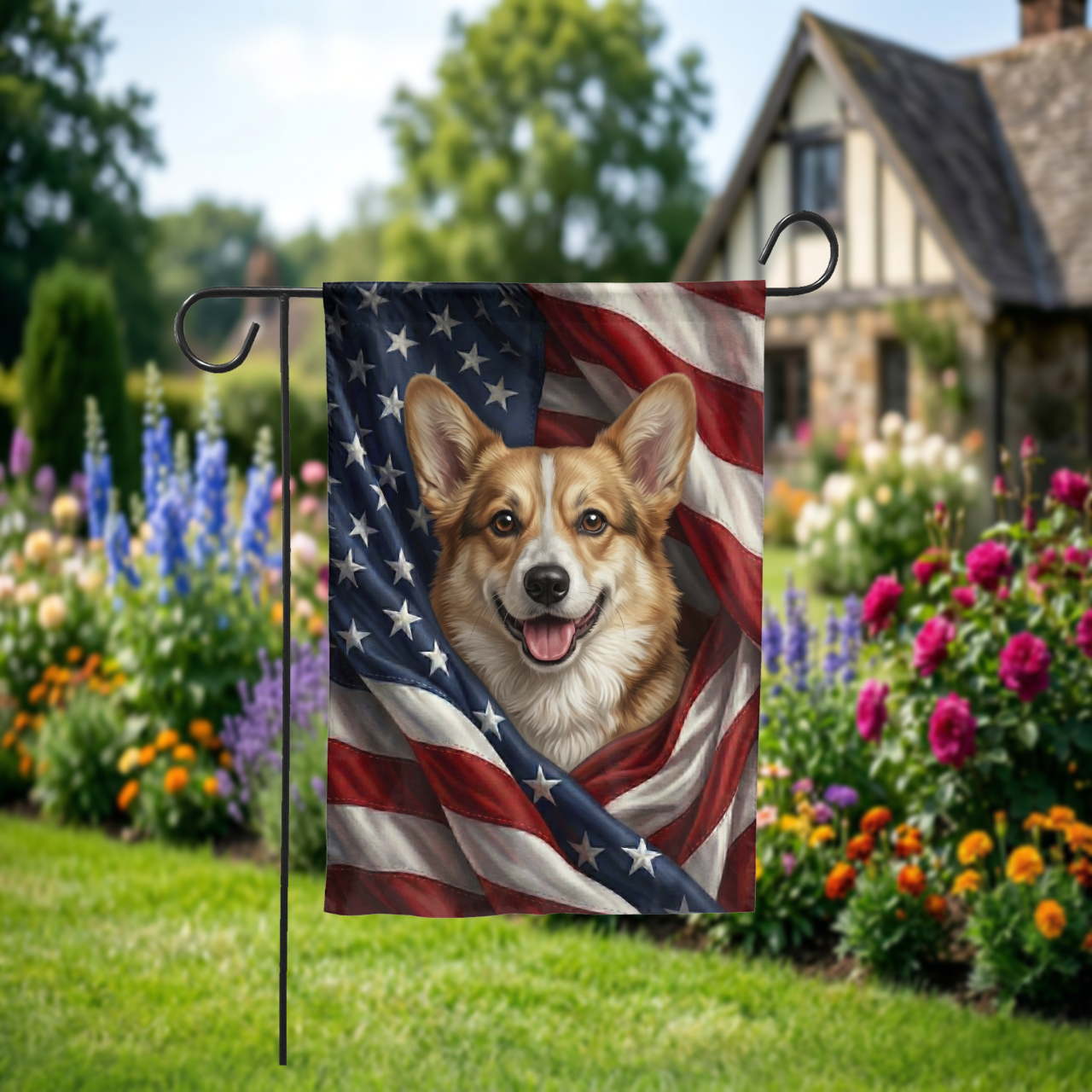 Custom Pet Garden Flag, Patriotic American Flag Pet Design, Personalized Dog or Cat House Banner, Outdoor Decor Gift - Garden Flag - front view