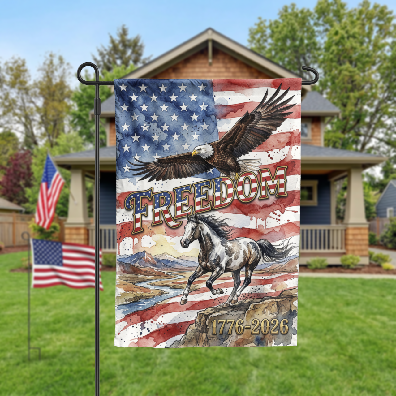 Patriotic Garden Flag, Freedom Eagle & Horse, 1776-2026 American Semiquincentennial Decor, Watercolor Yard Art, Physical or Digital File - Garden Flag - close-up