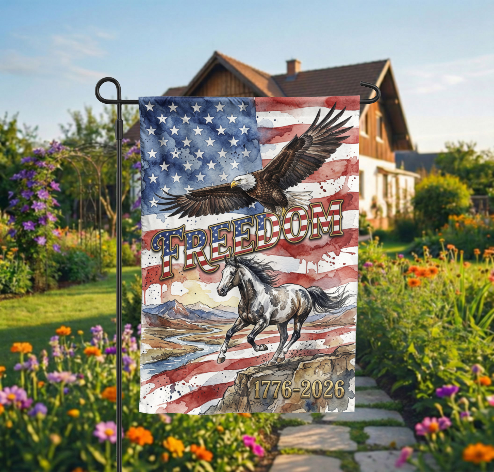 Patriotic Garden Flag, Freedom Eagle & Horse, 1776-2026 American Semiquincentennial Decor, Watercolor Yard Art, Physical or Digital File - 12"x18" - Garden Flag