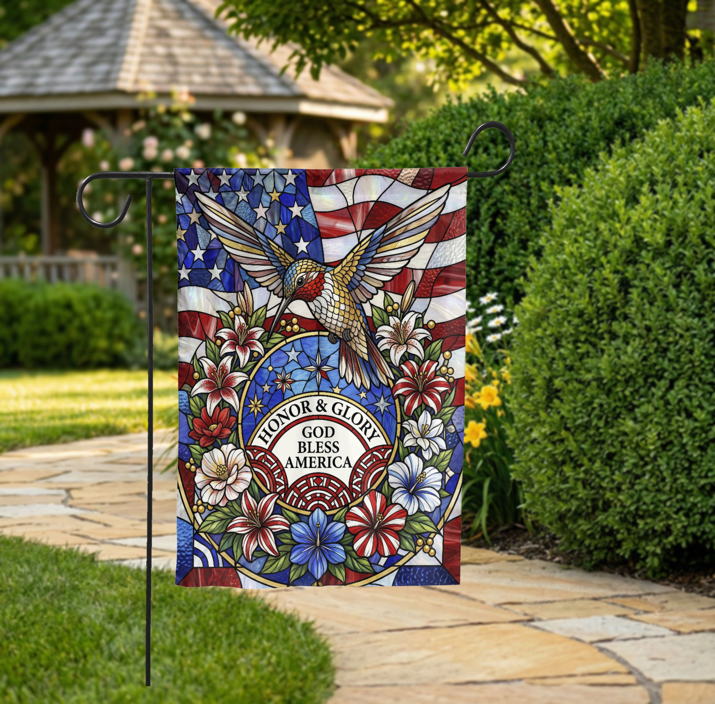 Stained Glass Patriotic Garden Flag, Hummingbird God Bless America House Flag, 4th of July Outdoor Decor, Memorial Day Gift, Digital Option - Garden Flag - close-up