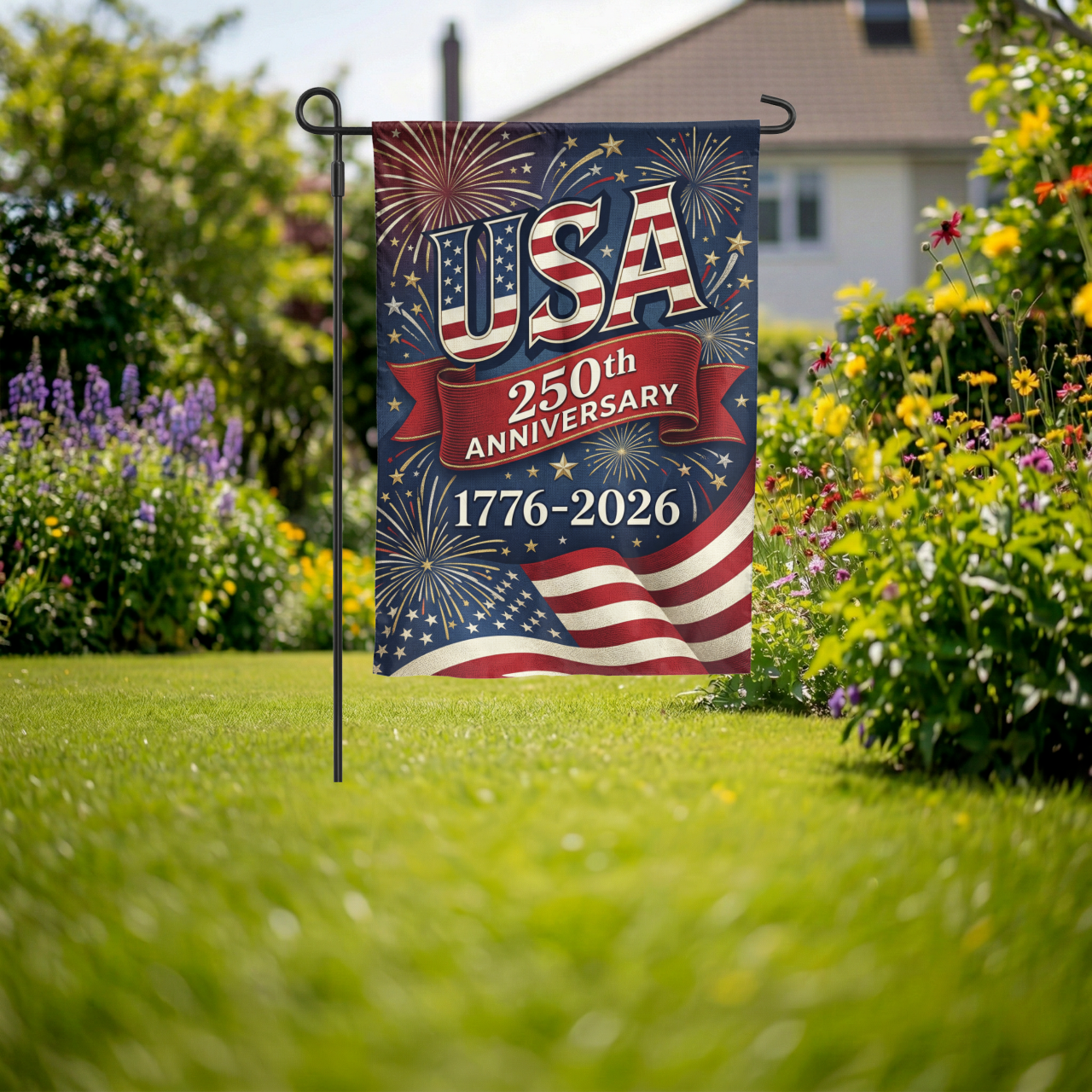 USA 250th Anniversary Garden Flag, 1776-2026 Patriotic Outdoor Decor, American Semiquincentennial Yard Banner, Fireworks & Flag Design - Garden Flag - detail view