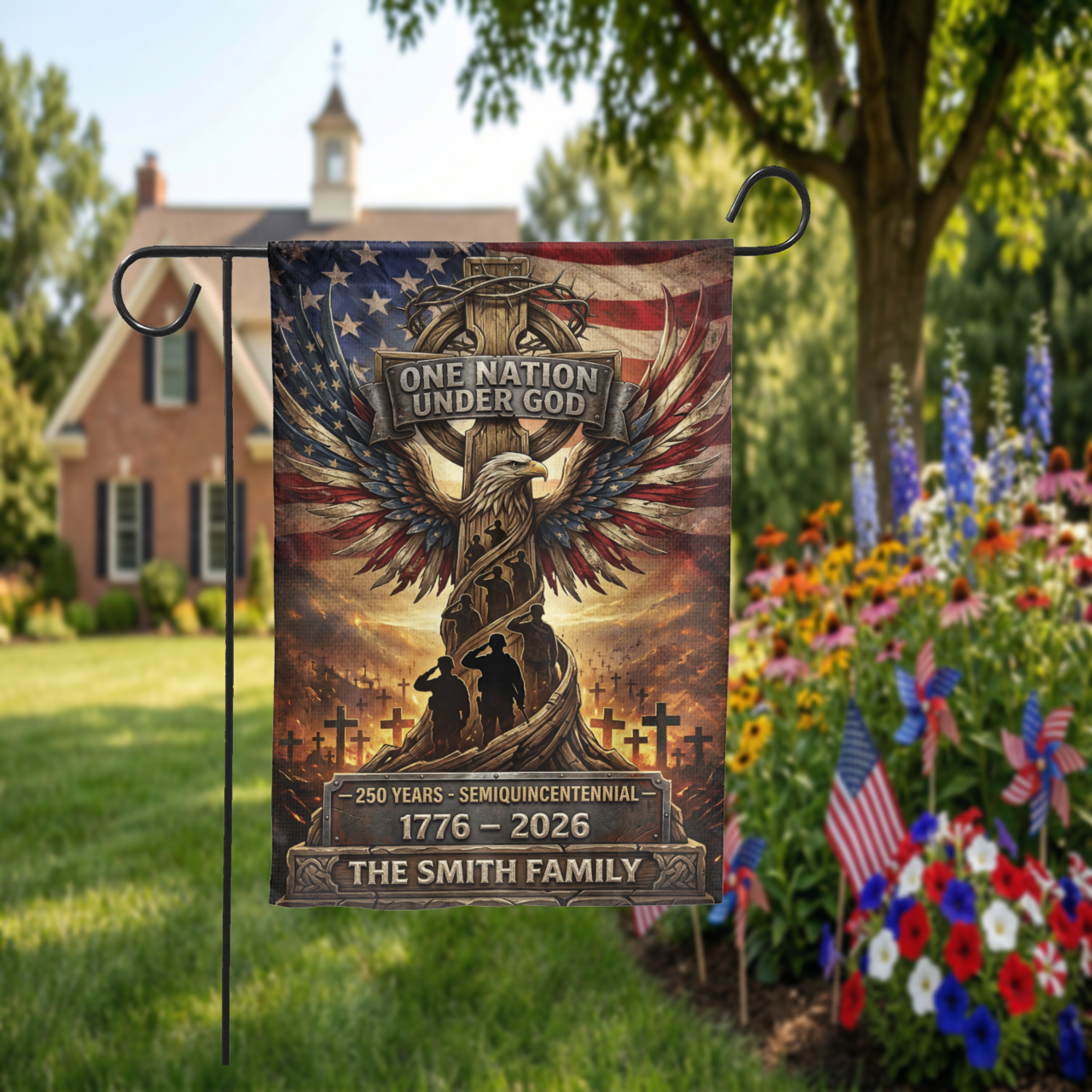 Personalized Patriotic Garden Flag, One Nation Under God, USA 250th Anniversary 1776-2026, Semiquincentennial Yard Decor - Garden Flag - packaging