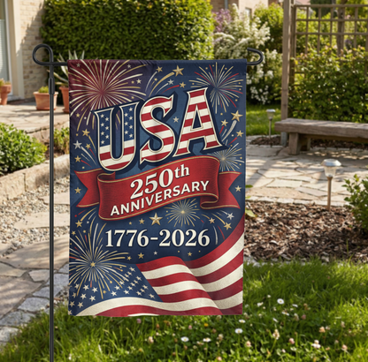 USA 250th Anniversary Garden Flag, 1776-2026 Patriotic Outdoor Decor, American Semiquincentennial Yard Banner, Fireworks & Flag Design - Garden Flag - lifestyle shot
