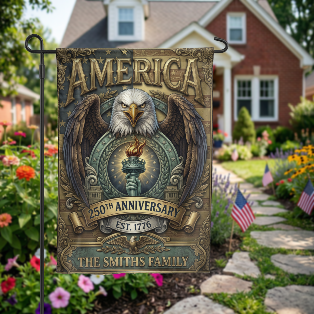 Patriotic Garden Flag Personalized, America 250th Anniversary 1776, Vintage Eagle Torch Design, Custom Family Name Yard Decor, USA Gift - Garden Flag - front view