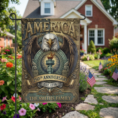 Patriotic Garden Flag Personalized, America 250th Anniversary 1776, Vintage Eagle Torch Design, Custom Family Name Yard Decor, USA Gift - Garden Flag - front view