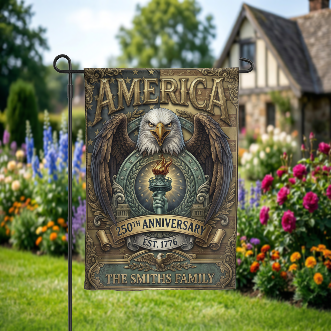 Patriotic Garden Flag Personalized, America 250th Anniversary 1776, Vintage Eagle Torch Design, Custom Family Name Yard Decor, USA Gift - Garden Flag - alternate angle