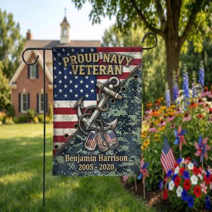 Personalized Navy Veteran Garden Flag, Custom Name & Service Years, American Flag Anchor Dog Tags Design, Military Gift for Him, Outdoor Dec - Garden Flag - packaging