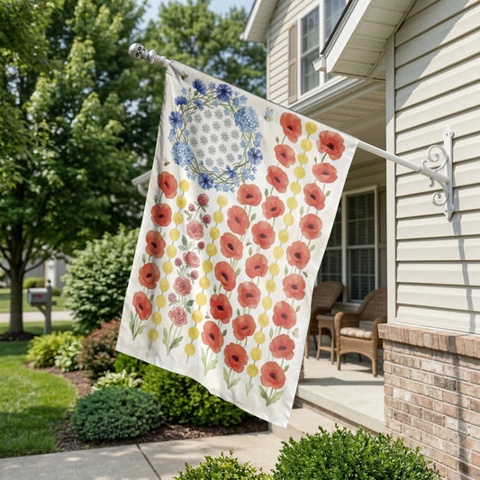 Watercolor Floral American Garden Flag, Patriotic Poppies & Hydrangea Wreath, Farmhouse Summer Decor - 12"x18" - Garden Flag