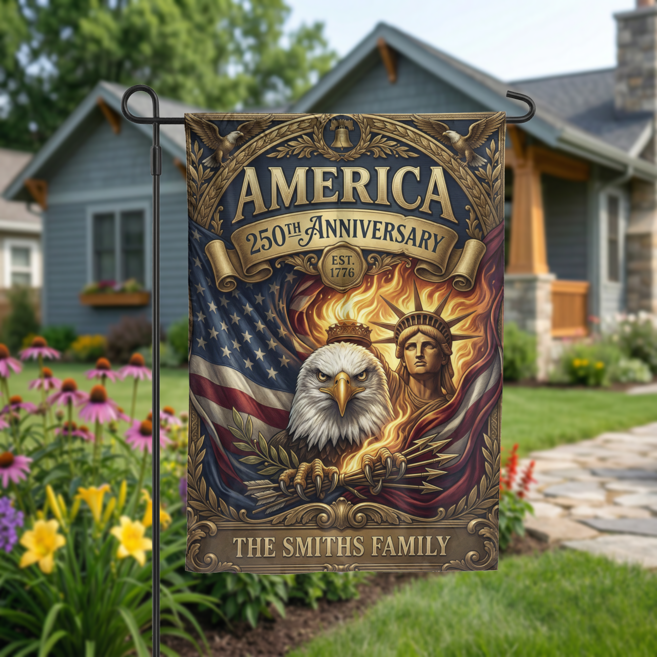 Personalized America 250th Anniversary Garden Flag, Vintage Patriotic Yard Decor, Eagle & Statue of Liberty, Physical or - Garden Flag - detail view