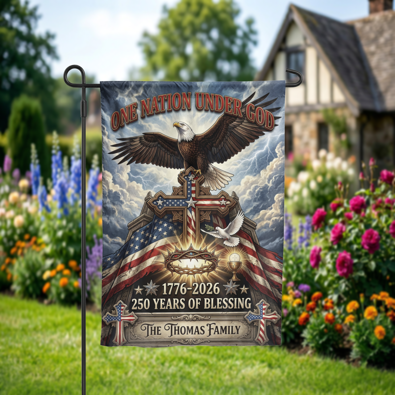 Personalized Patriotic Christian Garden Flag, One Nation Under God Eagle Cross, 250th Anniversary 1776-2026 - Garden Flag - alternate angle