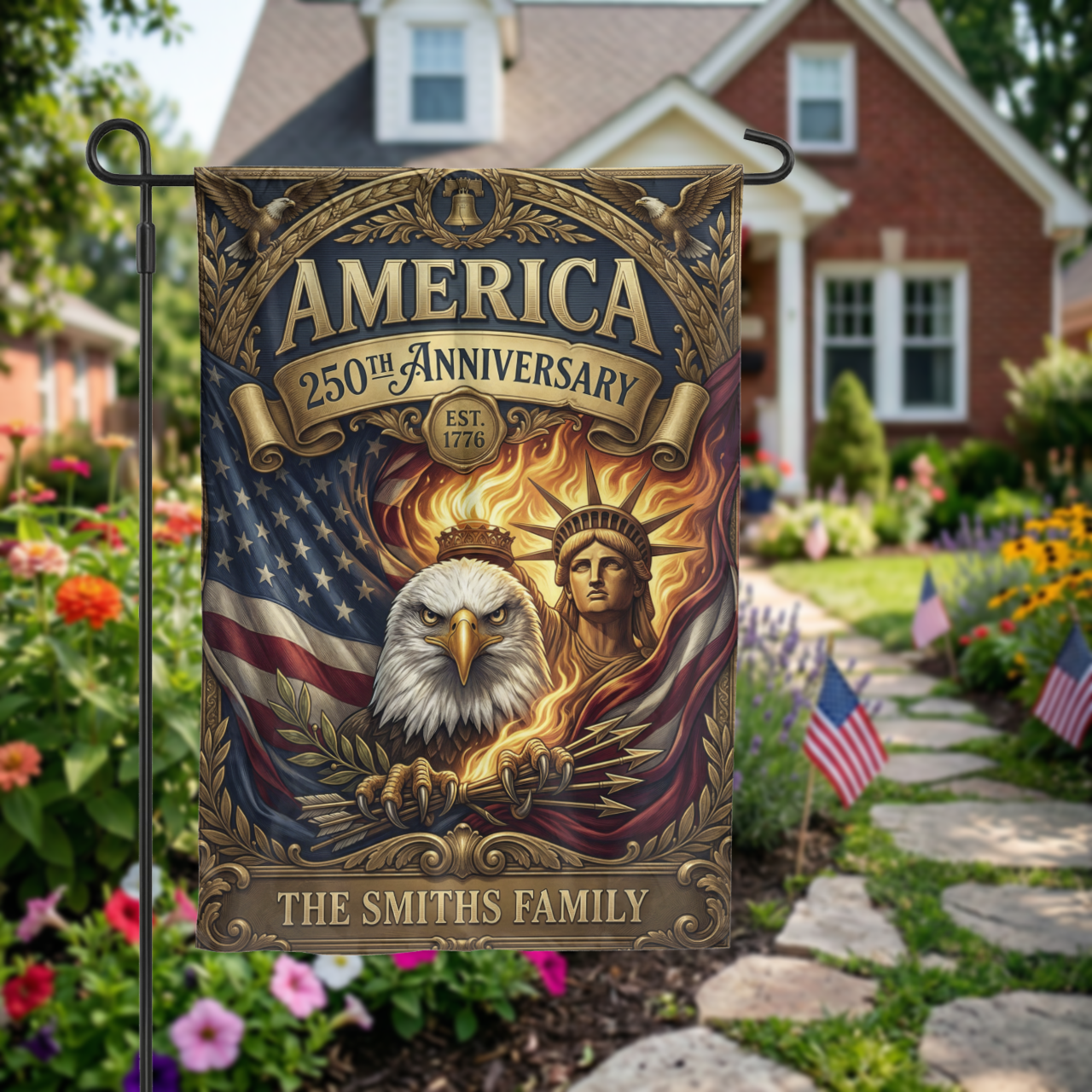 Personalized America 250th Anniversary Garden Flag, Vintage Patriotic Yard Decor, Eagle & Statue of Liberty, Physical or - Garden Flag - front view